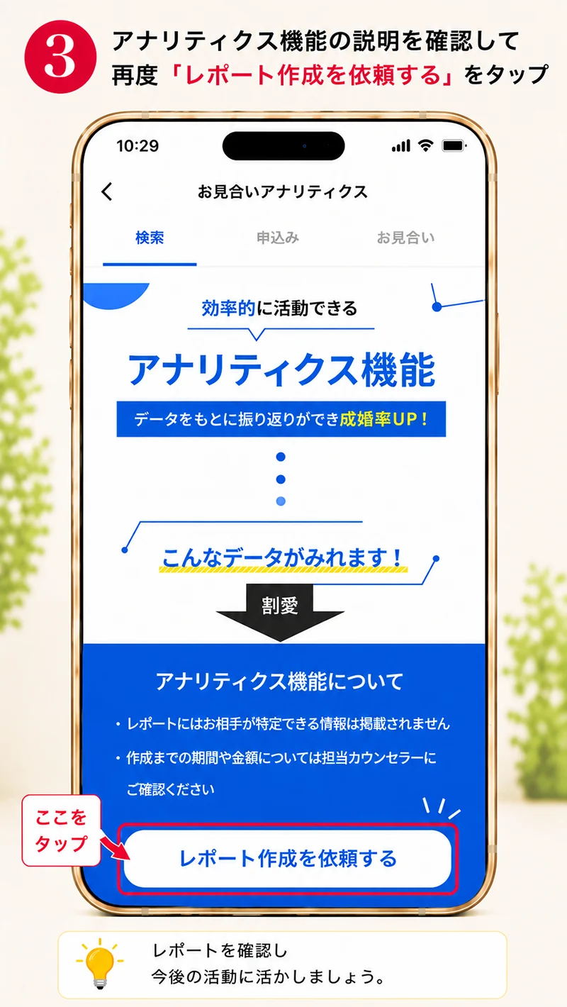 アナリティクス機能の説明を確認して再度レポート作成を依頼するをタップ